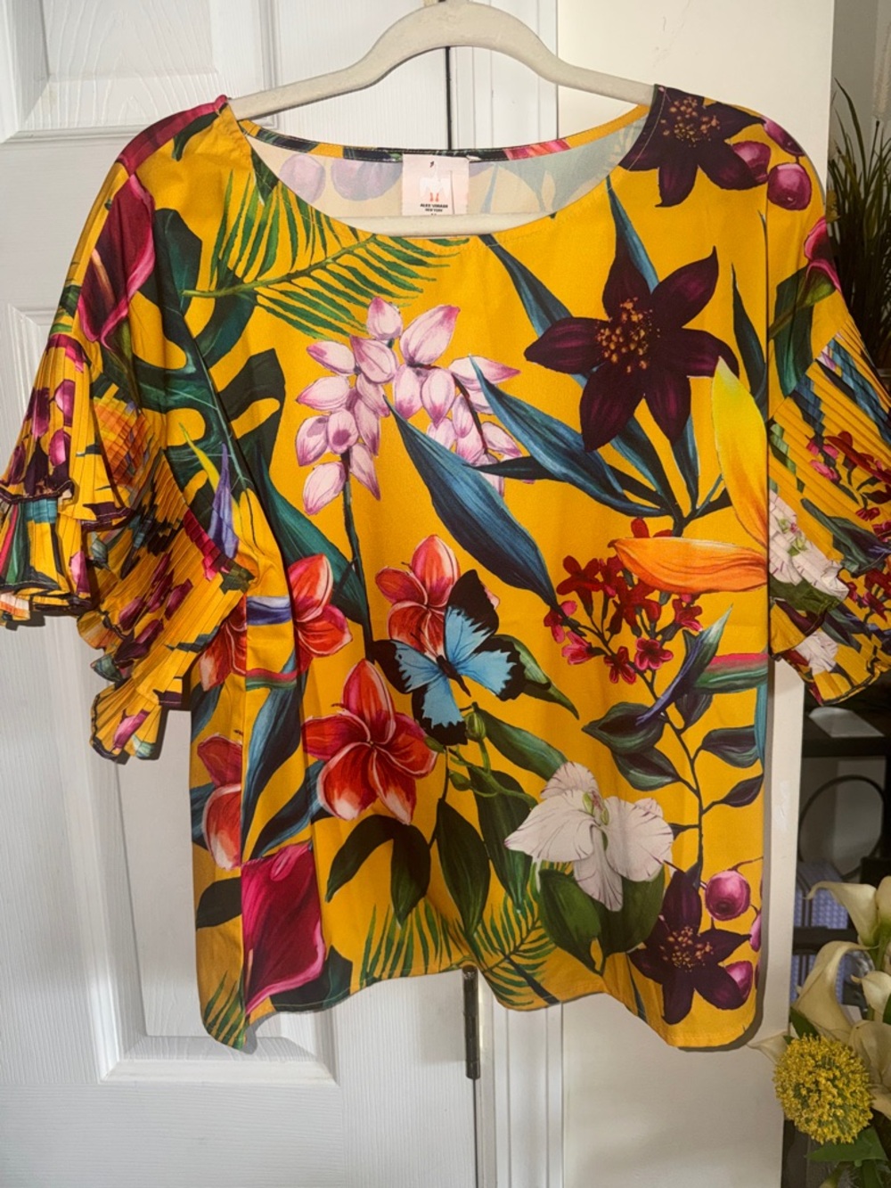 Tropical Floral Ruffle Sleeve Blouse in Mustard Yellow